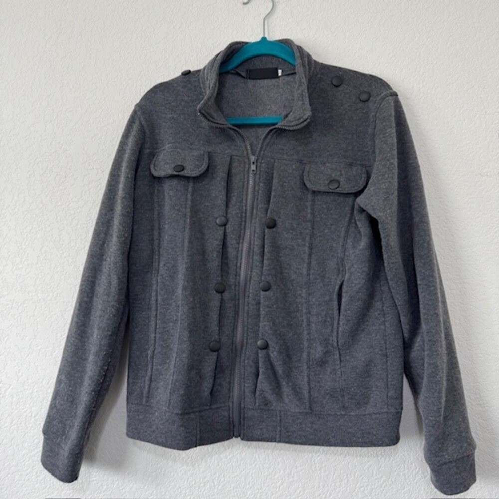 Mens Grey Fleece Zip Up Jacket Military Style Button Accents
